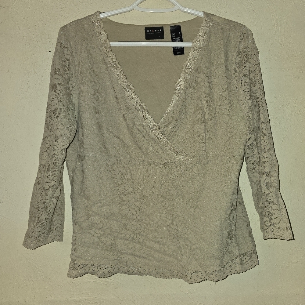 Axcess Taupe Lace V-Neck Blouse